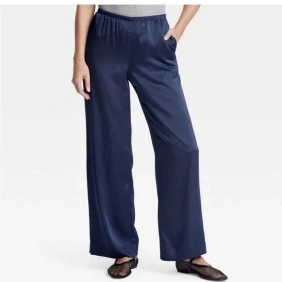 NWT Auden Satin Silk Wide Leg Navy Blue Pajama Sleep Pants XL - Picture 2 of 8